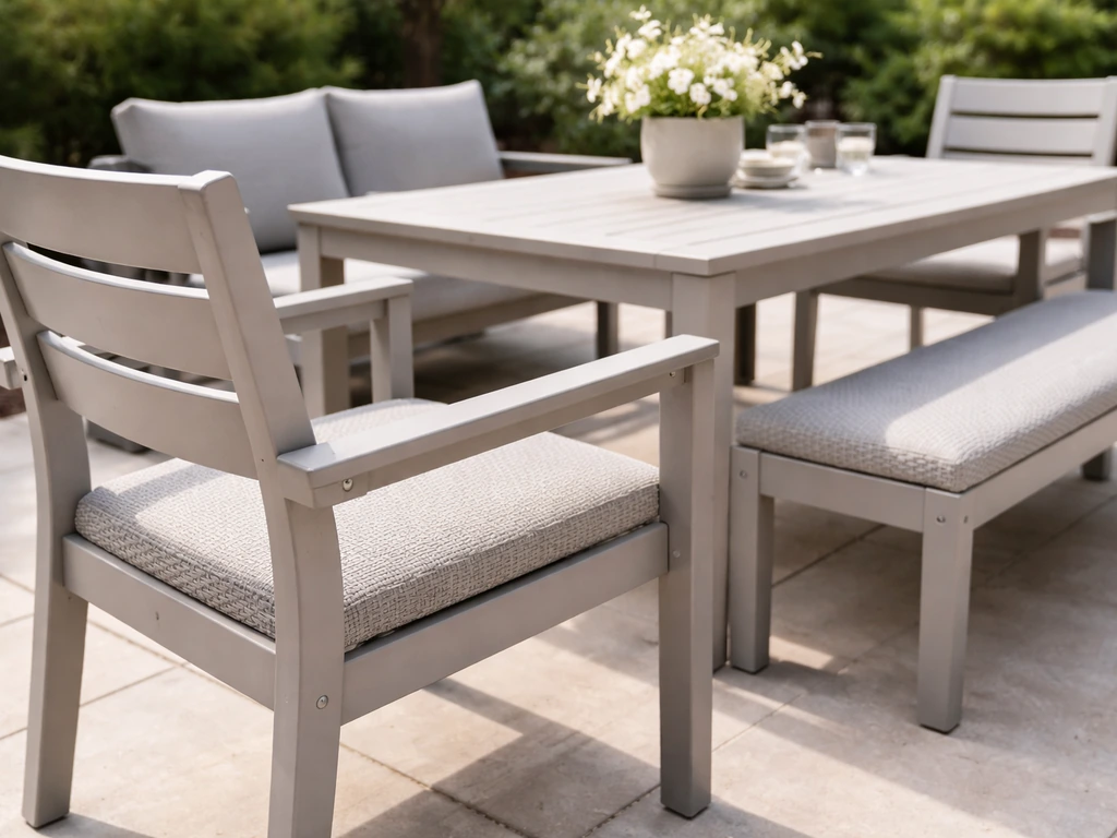 Minimal patio set bundle layout with matching table, chairs, and visible craftsmanship details.
