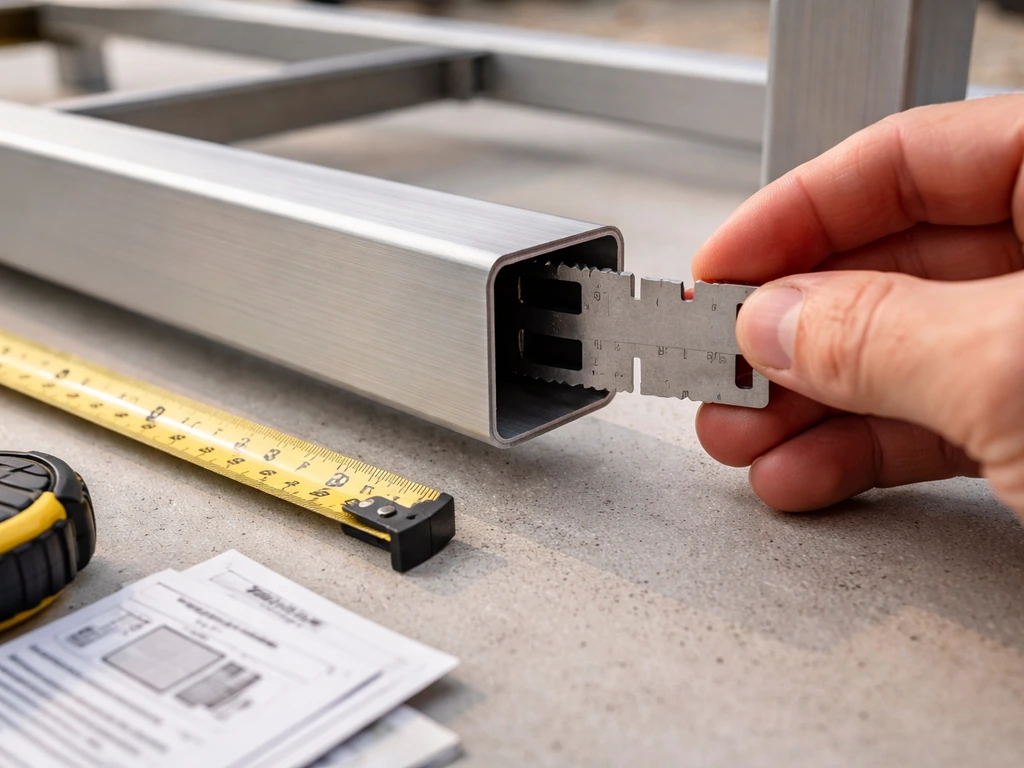 Close-up of measuring tape and gauge checking wall thickness on an aluminum outdoor furniture frame with nearby tags.