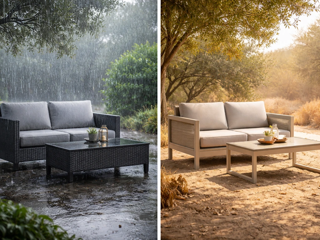 Two minimal outdoor seating setups showing durable materials under heavy rain and in hot, dry weather.