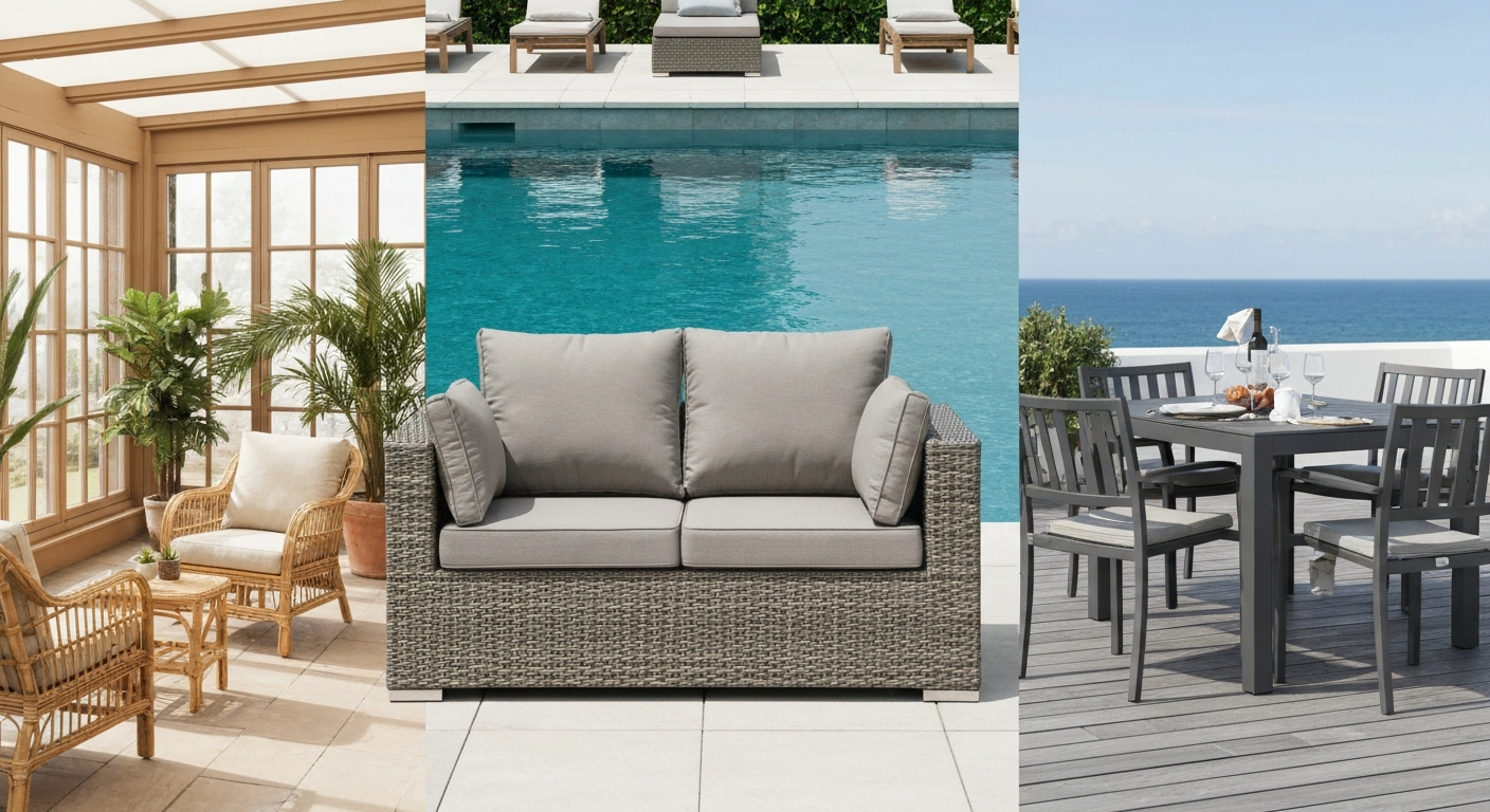 Triptych comparison: natural rattan in a covered sunroom, synthetic PE rattan on a semi-covered pool patio, and powder-coated aluminum dining set on an exposed coastal rooftop.