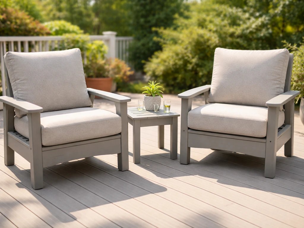 HDPE patio lounge set on a sunny deck, clean vibrant colors showing weather-resistant durability.