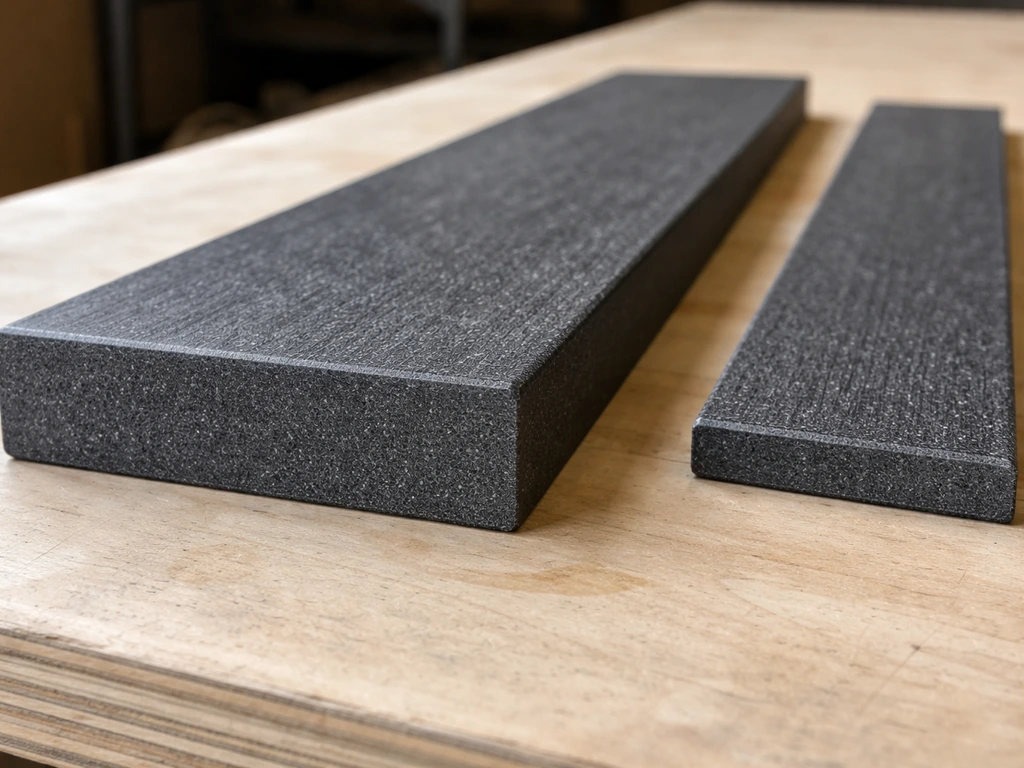 Close-up of thick HDPE lumber slats with a visible cross-section edge on a simple workbench.