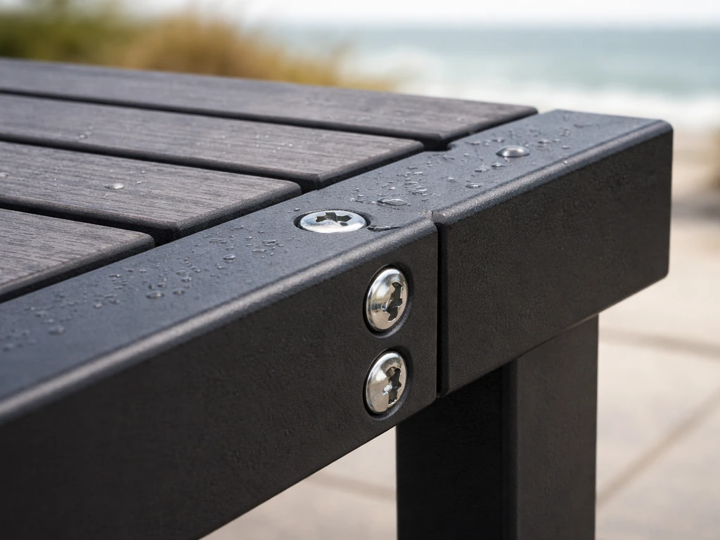 Close-up of HDPE slats bolted to a powder-coated metal frame with corrosion-resistant fasteners.