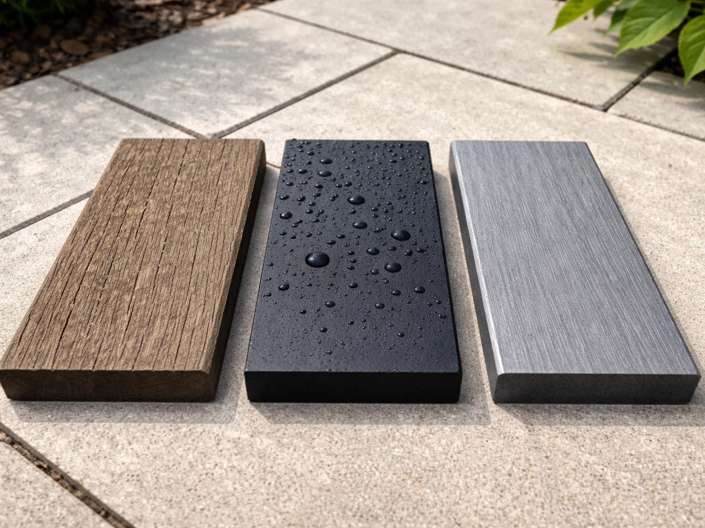 Three patio material samples—HDPE, wood, and composite/metal—laid on paving stones in natural light.
