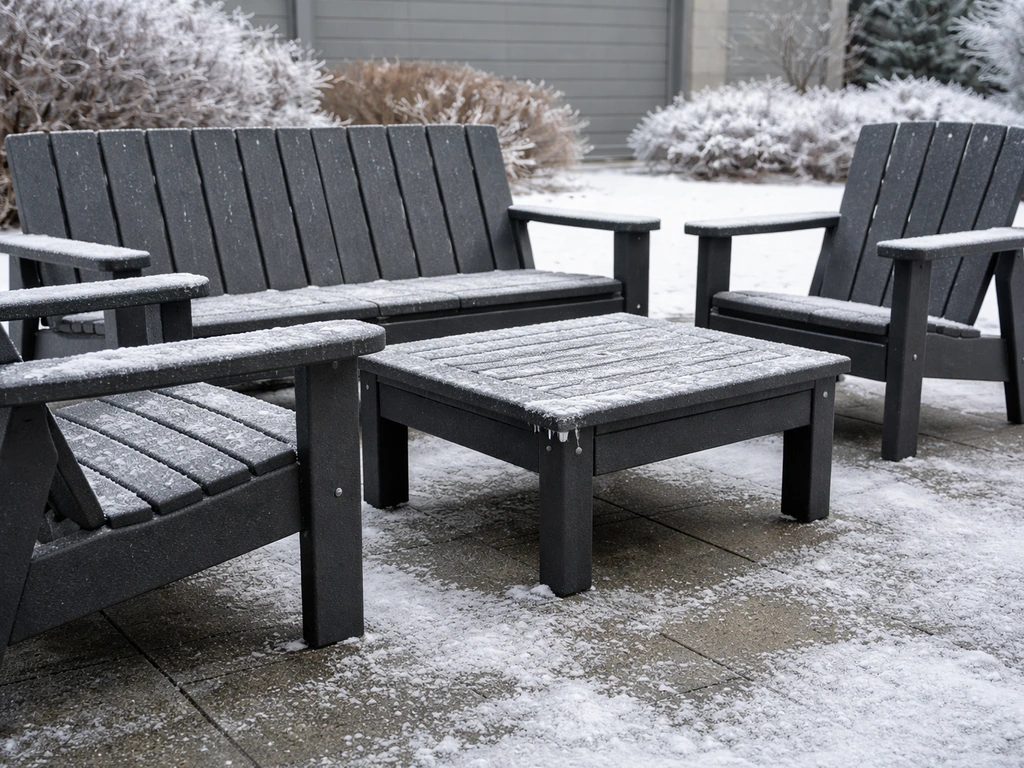 Generic HDPE outdoor furniture on a frosty patio with light snow and slight ice at the joints.