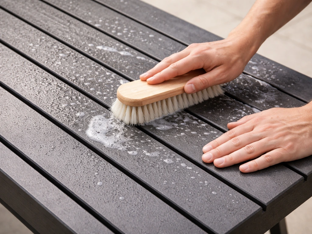 Hands brushing HDPE slats with soapy water using a soft-bristle brush outdoors