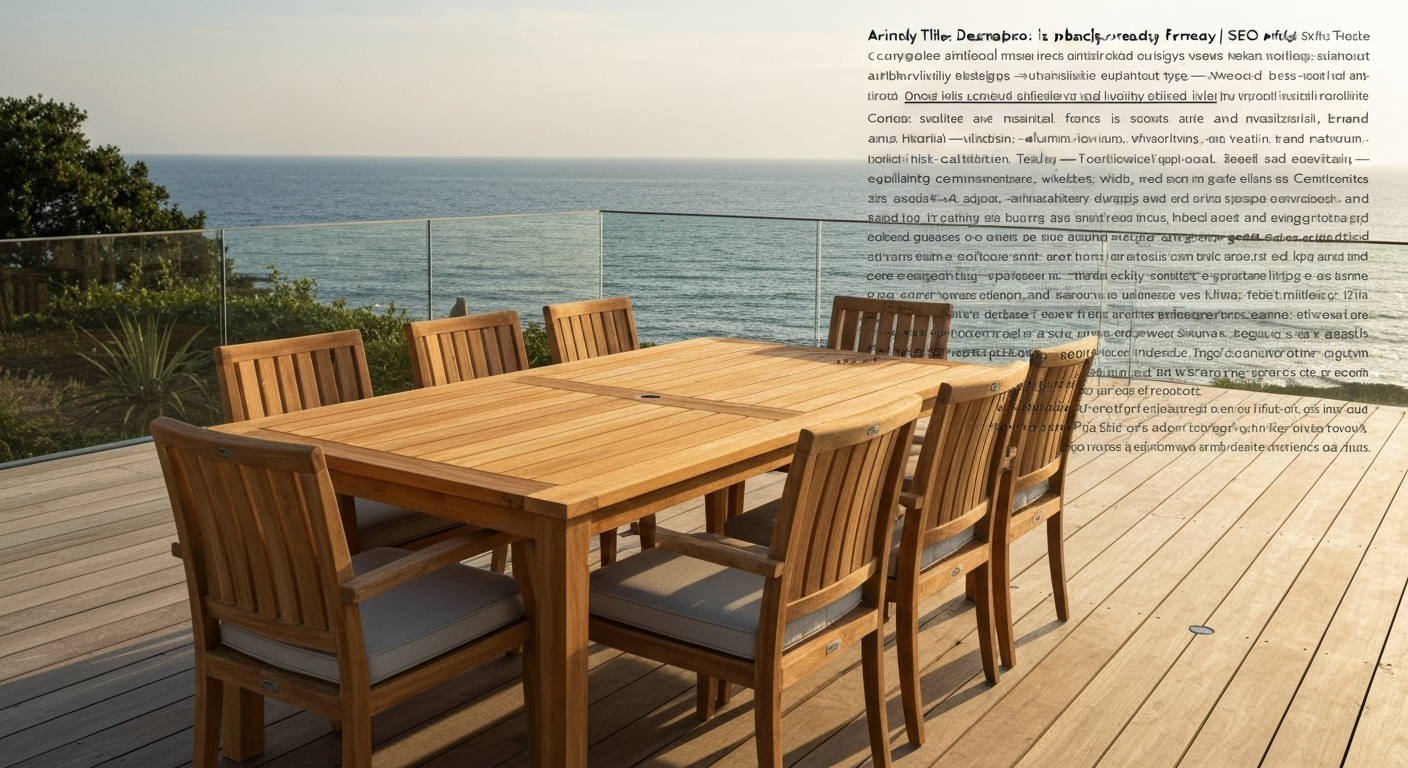 Premium Grade-A teak dining set on a coastal terrace at sunset, warm golden-brown wood with visible grain and stainless-steel hardware.