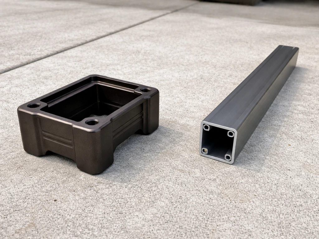 Side-by-side view of solid cast aluminum vs hollow extruded aluminum patio frame sections on concrete.