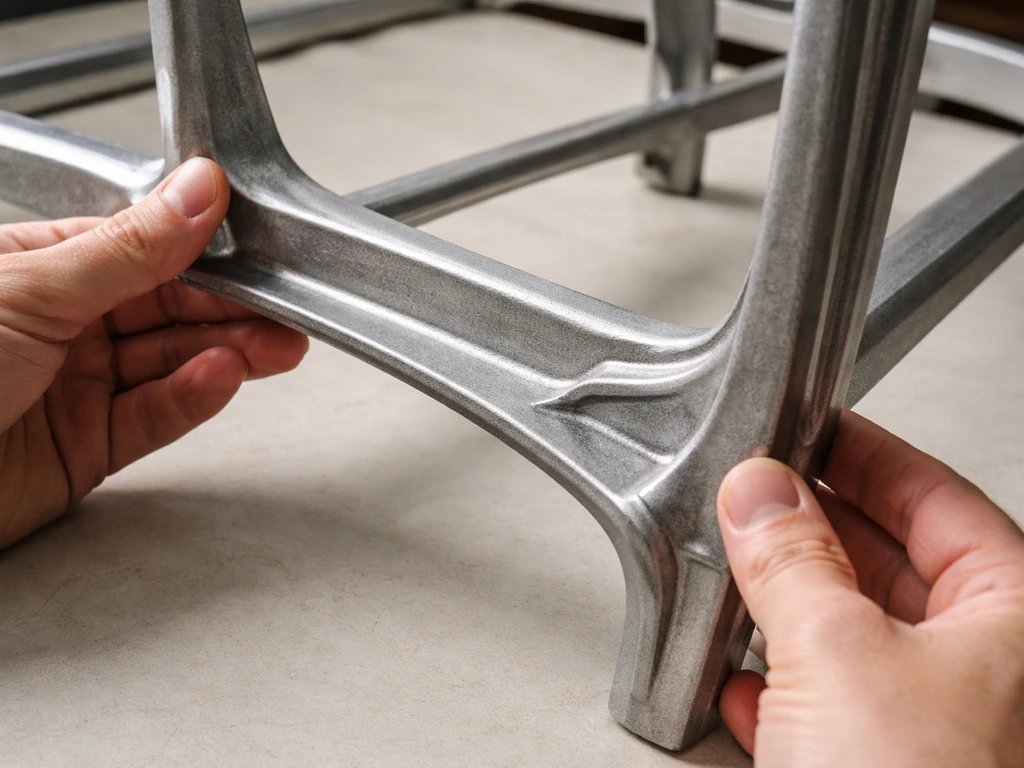 Close-up of cast aluminum chair frame joints and underside seams during a hands-on inspection
