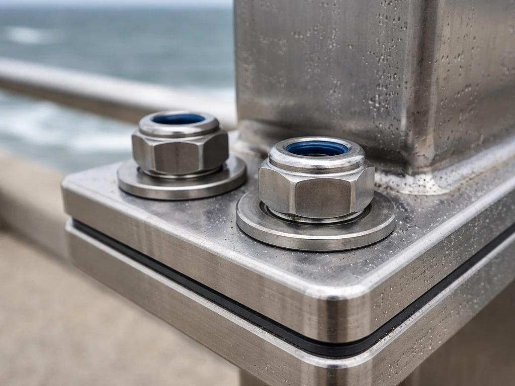 Close-up of stainless steel 316 fasteners at a bolted joint with corrosion-resistant nylon locking hardware.