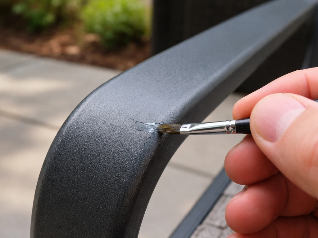 Close-up of an anonymous hand brushing touch-up paint onto a chipped powder-coated metal surface.