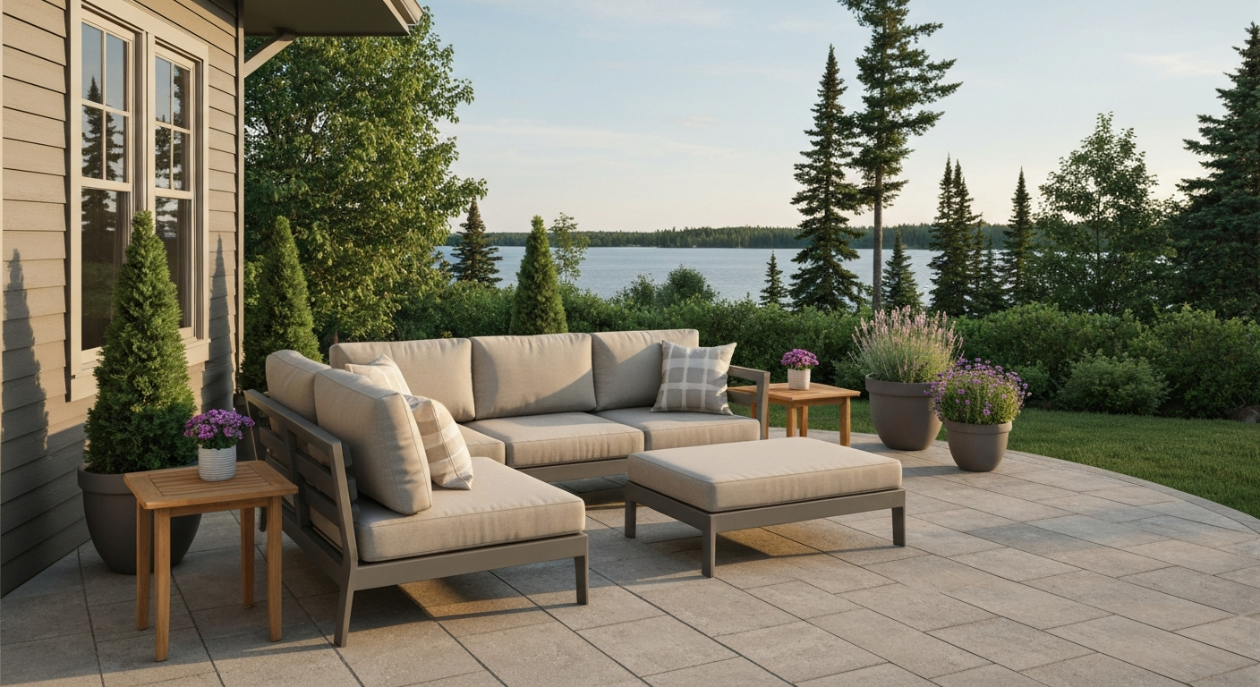 Cozy Canadian backyard patio at golden hour with powder-coated aluminum sectional and Sunbrella-style cushions