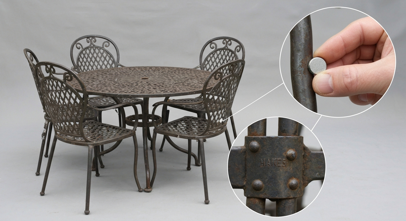 Three-quarter view of a wrought-iron patio table and chairs showing hammer marks, riveted joins, light rust patina, and a hand holding a magnet to the frame.