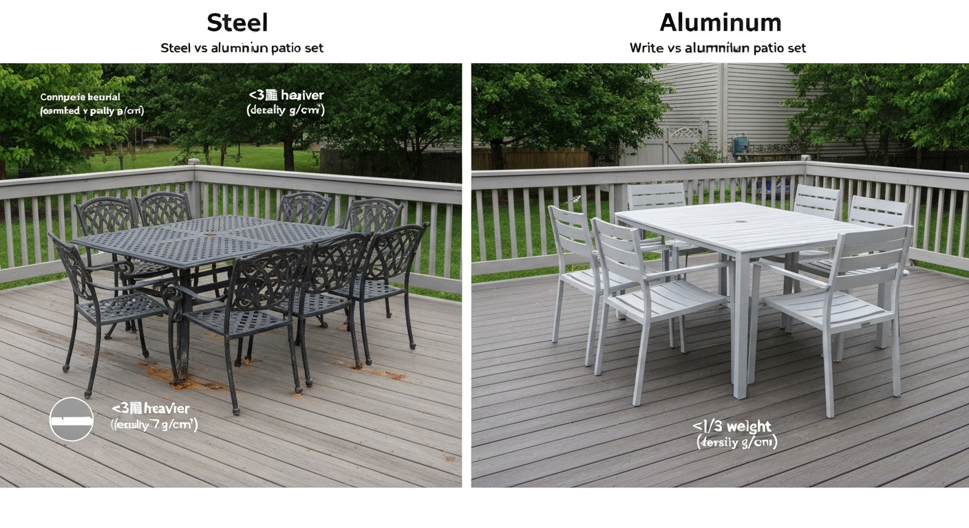 Split-scene photo comparison of a heavier steel patio dining set with chipped paint and rust (left) versus a lighter clean powder-coated aluminum set (right), with weight ratio labels.