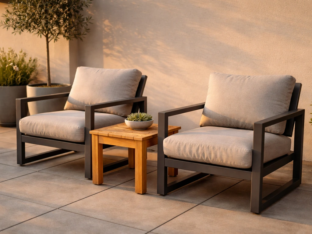 Restaurant patio with aluminum cushioned chairs and a teak side table in warm natural light.