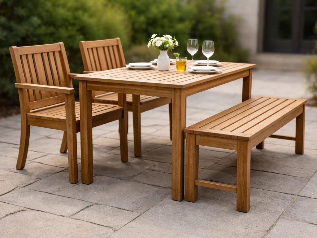 Teak bench and chairs around an outdoor dining table on a stone patio, showing rich wood grain.