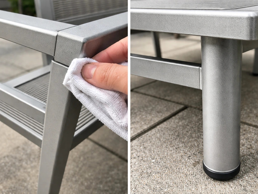 Hand wiping aluminum patio chair/table frame joints, checking powder coat finish and chips