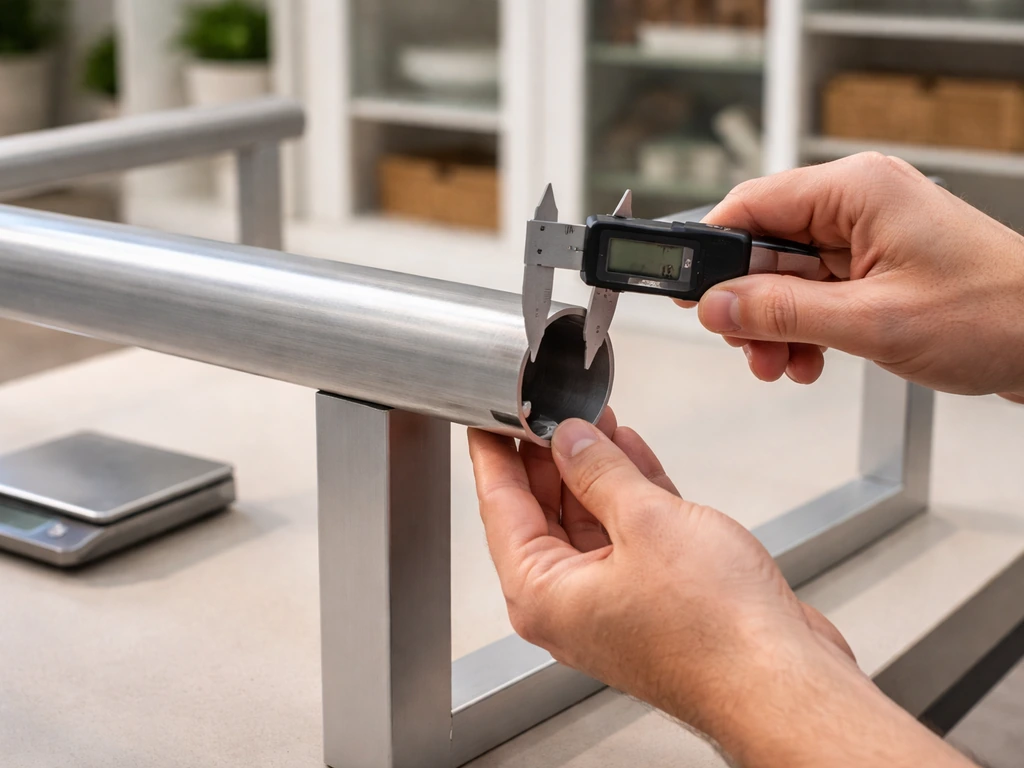 Anonymous hands using calipers and a scale to check an aluminum patio chair frame’s thickness in a showroom.