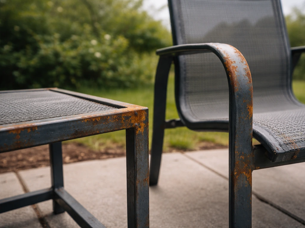 Outdoor steel patio chair and table frames with light orange rust on the metal surface.