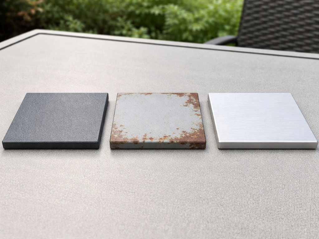 Three patio metal samples showing rust on steel and minimal corrosion on aluminum.