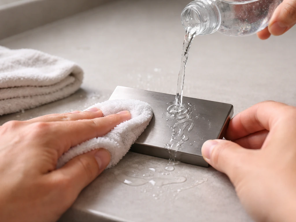 Mild detergent cleaning a metal surface with a soft lint-free cloth, rinsed and left to dry