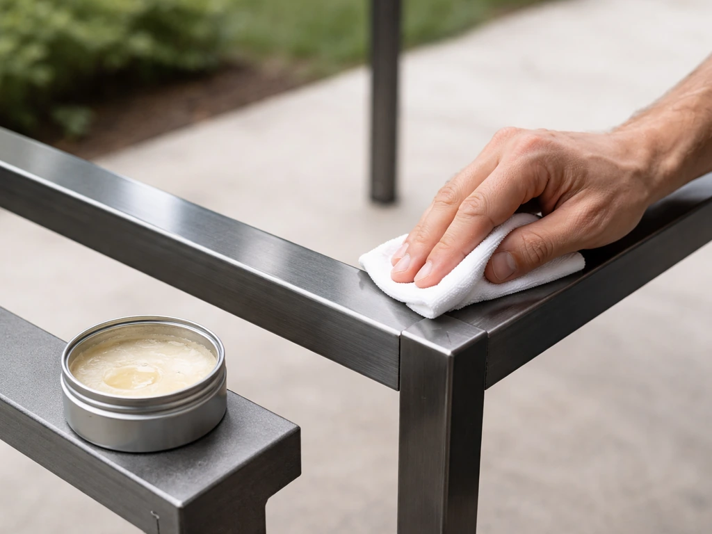 Person applying protective wax to a clean steel patio frame with a cloth