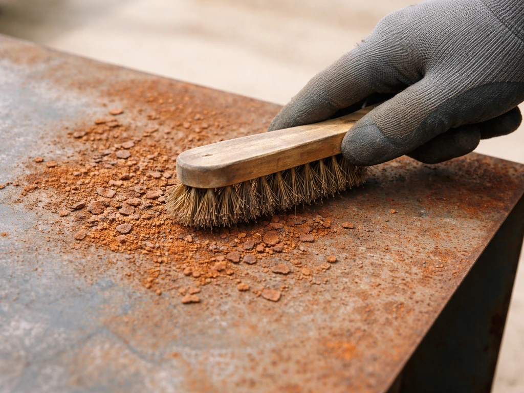 Gloved hand wire-brushing a moderately rusted metal patch with blistering, flaking orange rust removed.