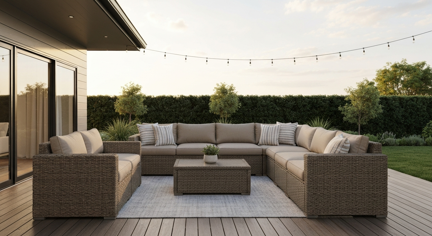 Modern backyard patio with mid-range wicker patio furniture and neutral cushions on a teak deck at golden hour.