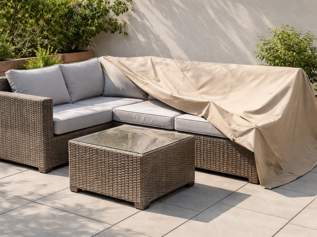 Resin/HDPE wicker patio furniture covered with an outdoor cover on a calm patio, suggesting it can stay outside.