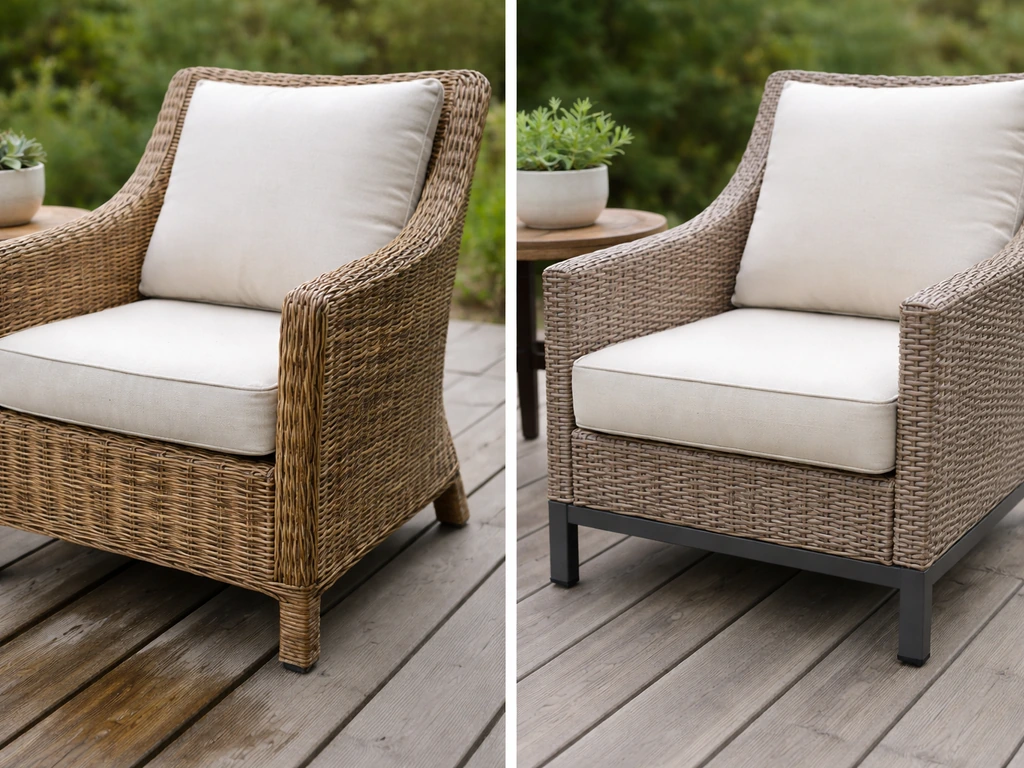Split outdoor scene: natural wicker patio set needing cover vs HDPE resin wicker set suitable for staying outside.