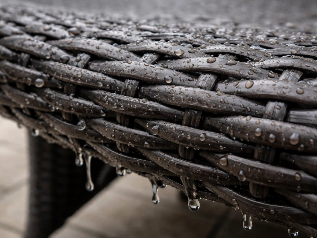 Water beads and rolls off an HDPE resin wicker weave in light rain, close-up detail.