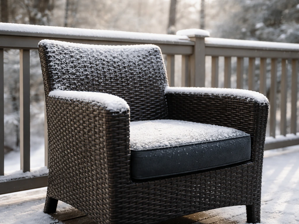 Resin wicker chair dusted with snow, weave intact and frost-covered in freezing winter light.