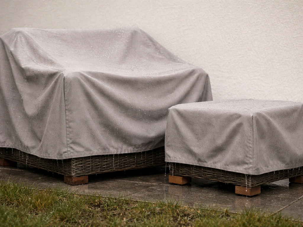 Breathable cover on a wicker patio set, elevated on an off-ground mat to allow airflow and runoff