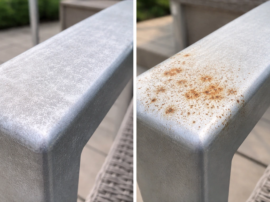Close-up side-by-side: white powdery oxidation on aluminum vs orange-brown spotting/rust-like stains.