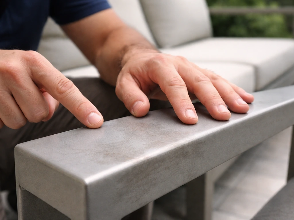 Technician hand gliding over aluminum patio furniture, checking the finish condition and hotspots