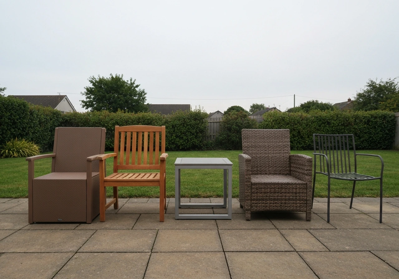 Side-by-side patio furniture showing teak, aluminum, wicker/resin, steel, and poly lumber in natural light.