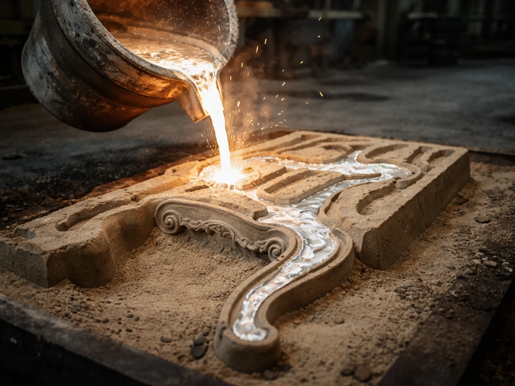 Molten aluminum pouring into a mold, shaping ornate scrollwork and curved patio legs.