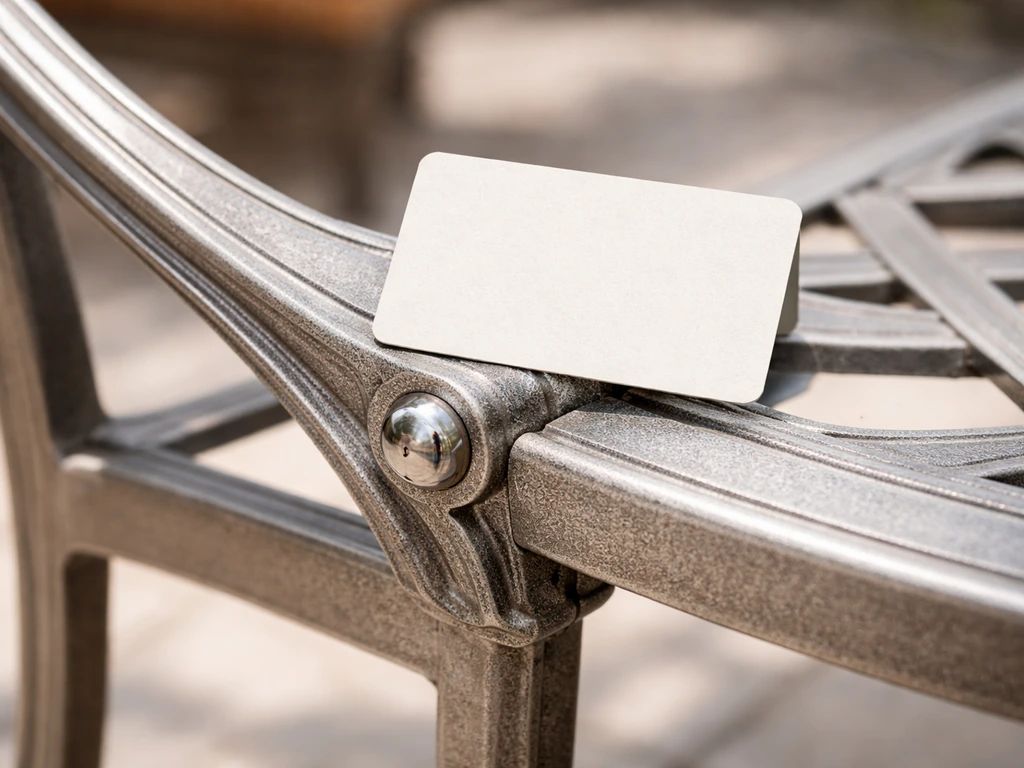 Close-up of an aluminum patio chair frame with a warranty card beside the hardware in natural light.