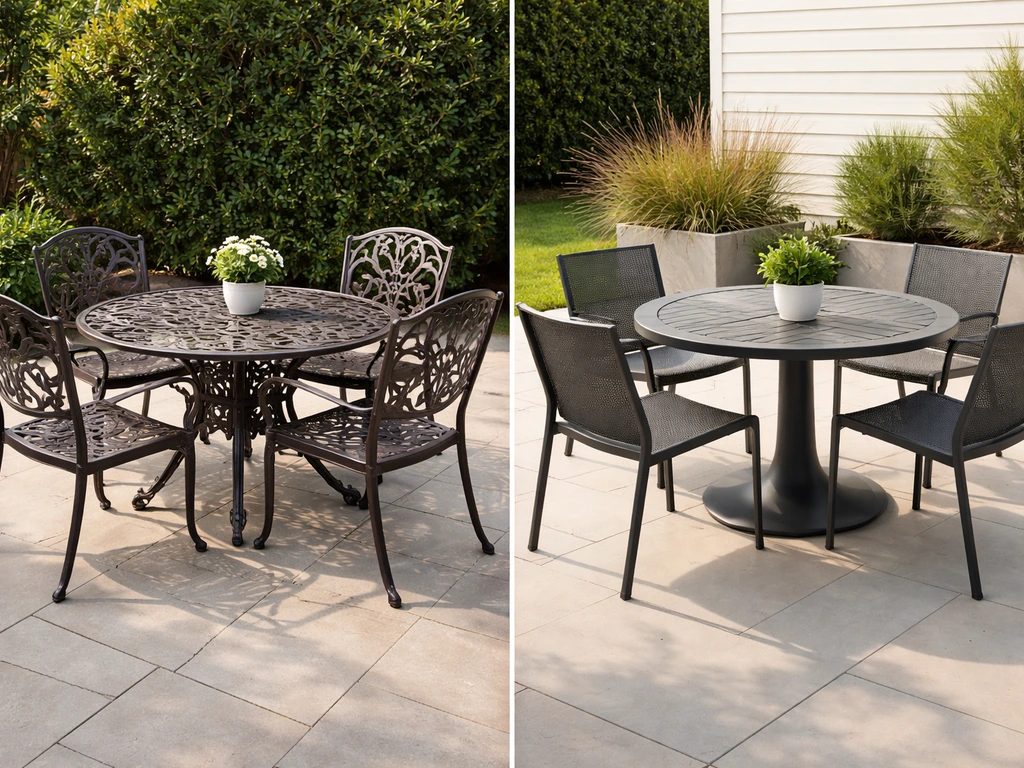 Split-scene of ornate and modern cast aluminum patio dining sets on two simple outdoor backgrounds.