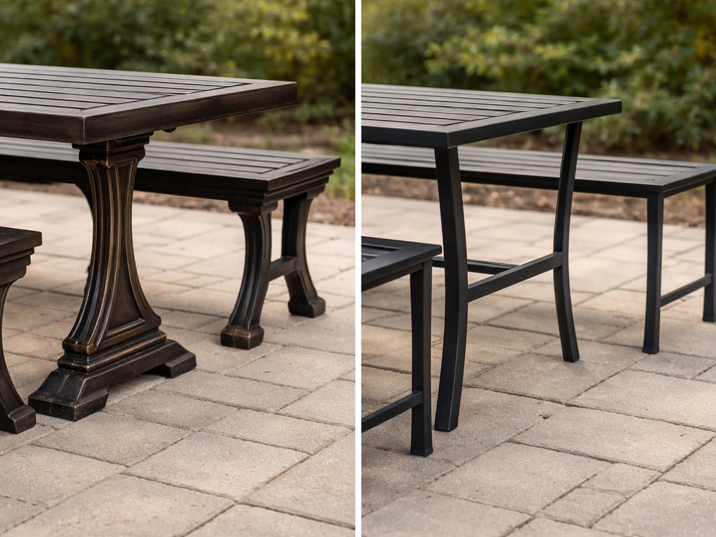 Split-view patio scene comparing cast iron furniture on one side and wrought-iron-style furniture on the other.