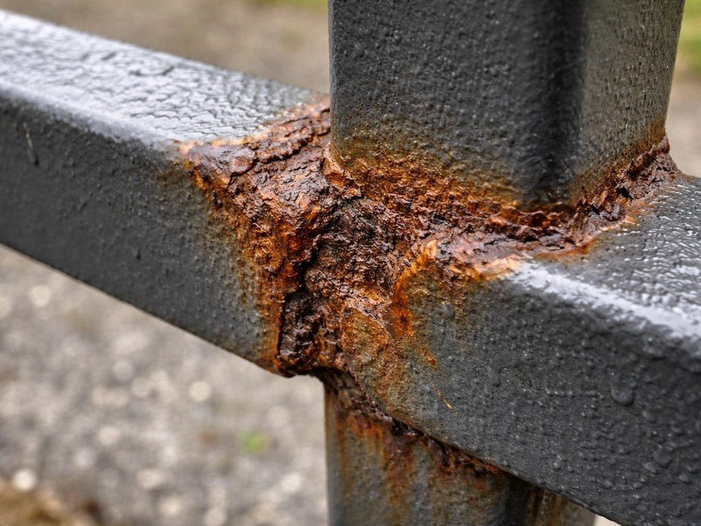 Close-up of weathered iron showing rust and pitting on bare spots beside intact coated metal