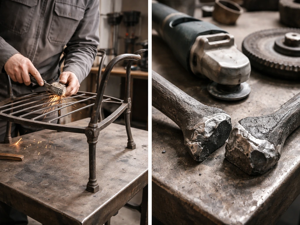 Technician welding a damaged wrought-iron chair frame; separate view shows rough cast-iron restoration work