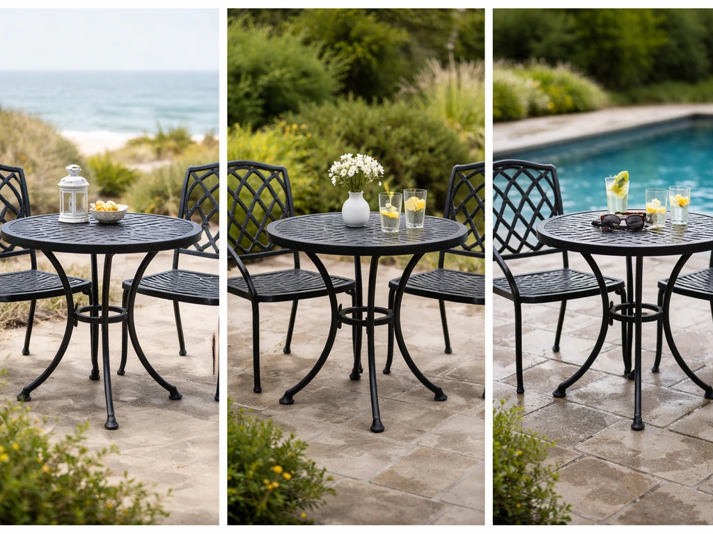 Three minimal patio scenes showing different protective finishes: coastal, inland, and poolside.