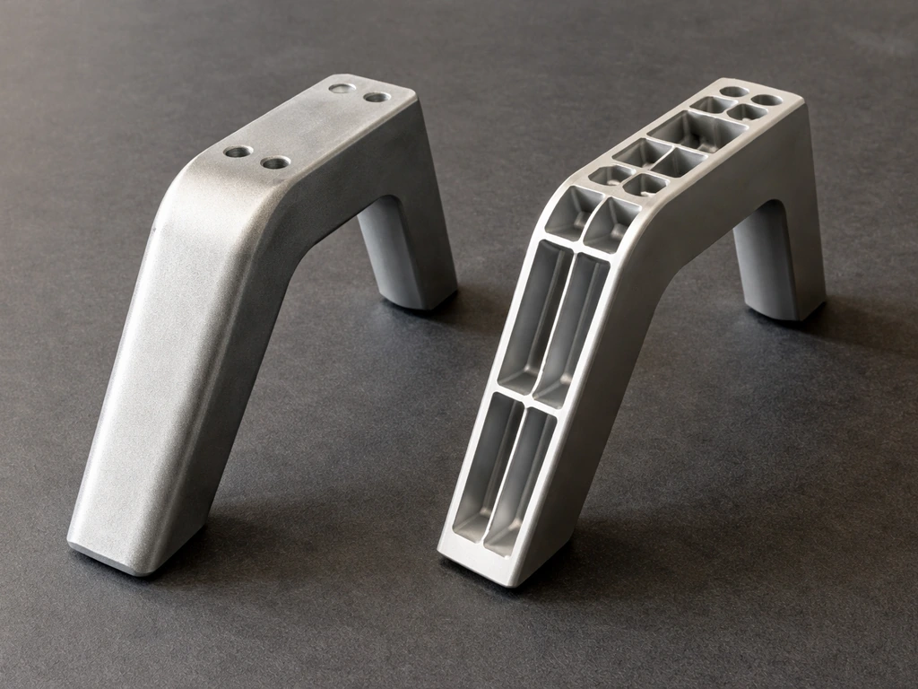 Side-by-side solid cast vs hollow extruded aluminum components on a dark tabletop background.