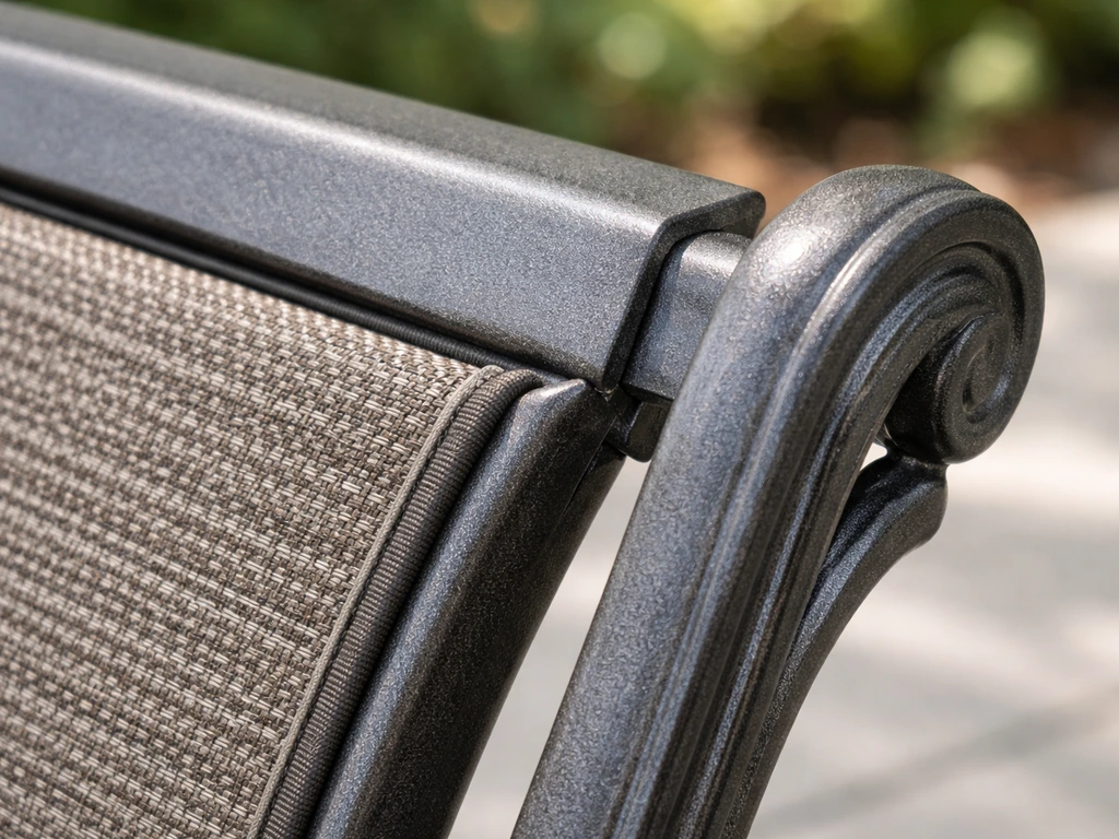 Close-up of sling fabric tension point on powder-coated extruded aluminum next to cast scrollwork detail.