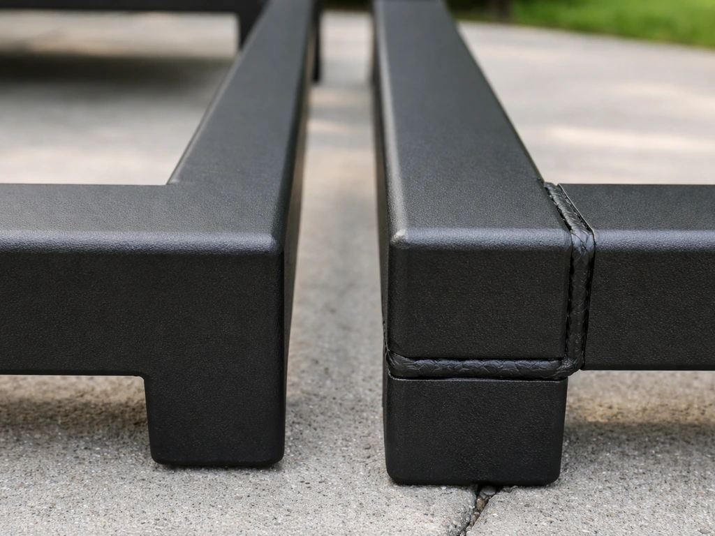 Close-up of powder-coated aluminum outdoor chair parts showing smooth finish and sturdy welded joints