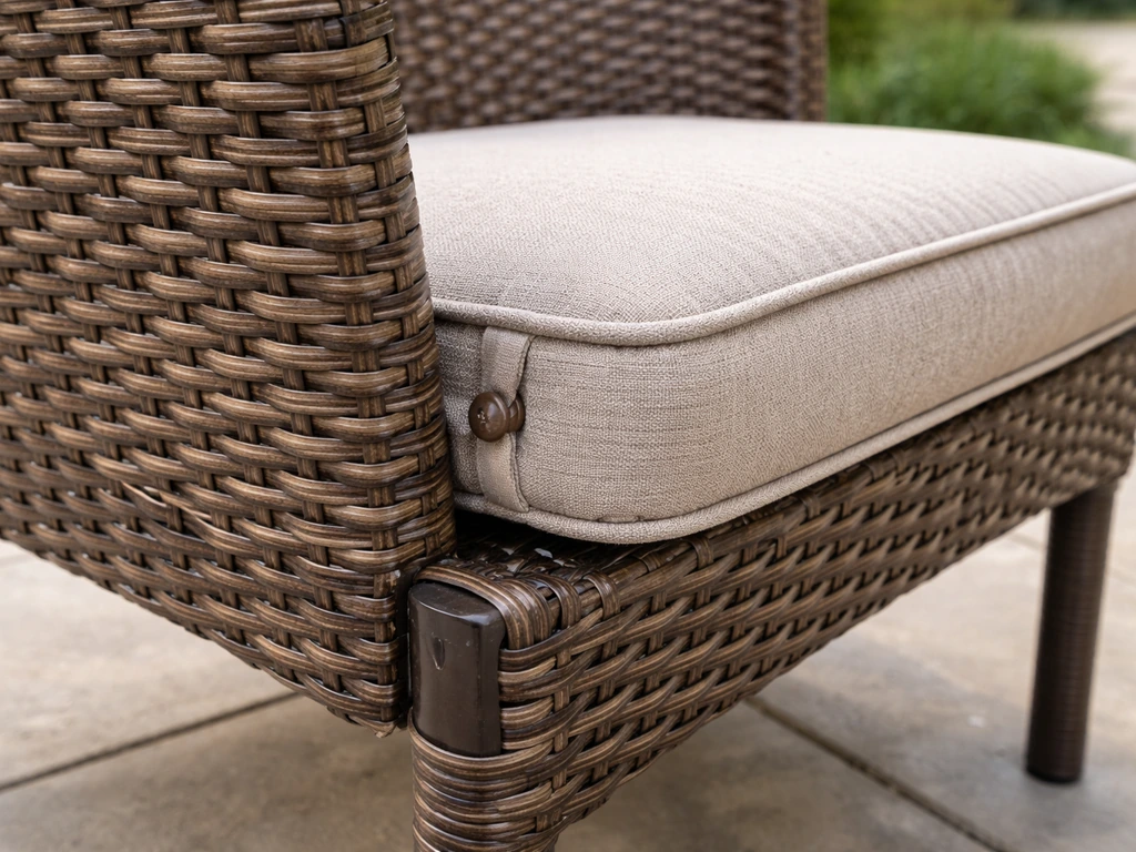 Close-up of a resin-rattan patio chair weave and attached cushion, showing underside areas where moisture may collect.
