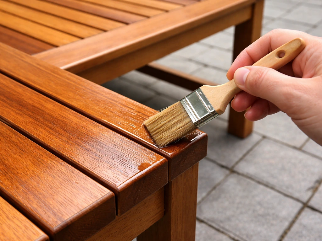 Hand brushing outdoor wood oil onto an oiled treated-wood patio bench, close-up on natural grain.