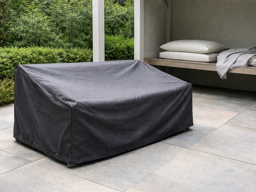 Outdoor loveseat under a fitted cover with neatly stacked cushions nearby for seasonal protection.