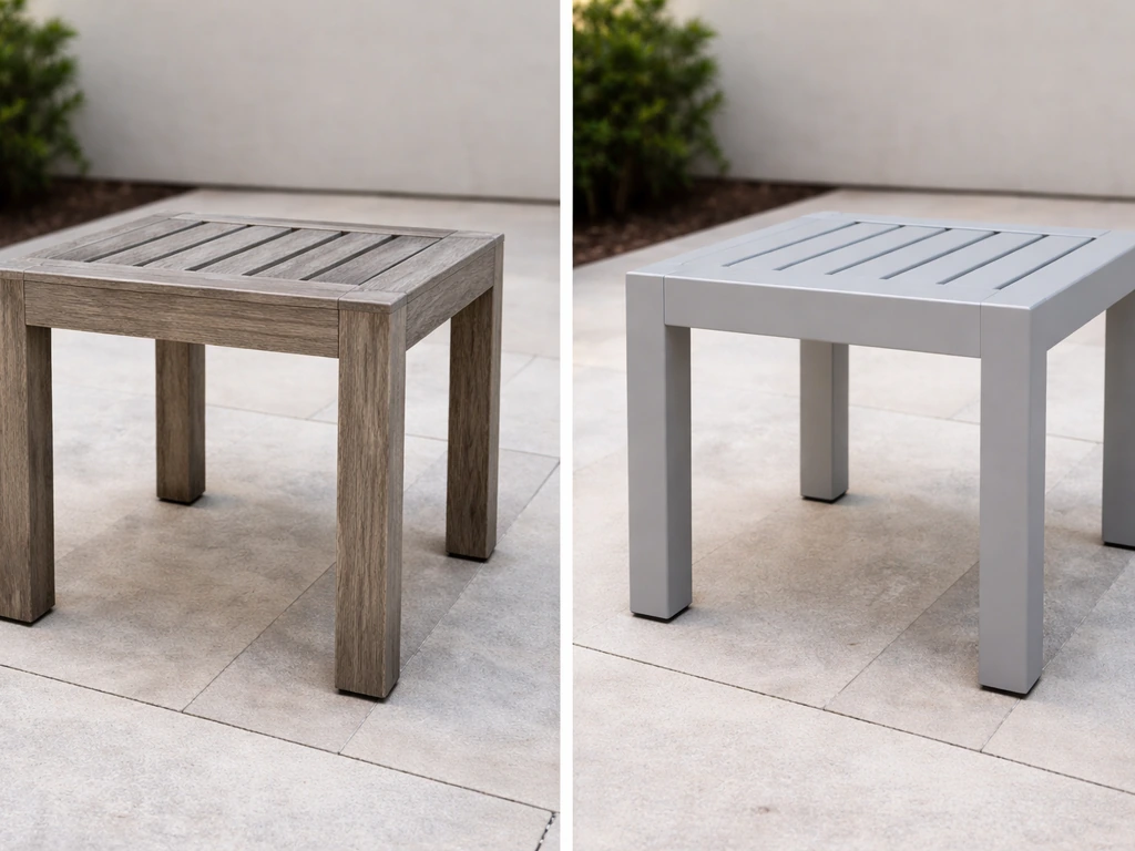Two adjacent vignettes: weathered teak with rich patina on one side, clean powder-coated aluminum on the other.